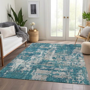 HomeRoots 5' X 8' Teal Gray Ivory Abstract Area Rug - Washable, UV Protected, Perfect for Living Spaces! 679158