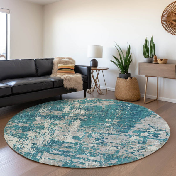 HomeRoots 8' Teal Gray and Ivory Abstract Washable Round Rug - UV Protected, Stain Resistant & Easy Care Design 679159