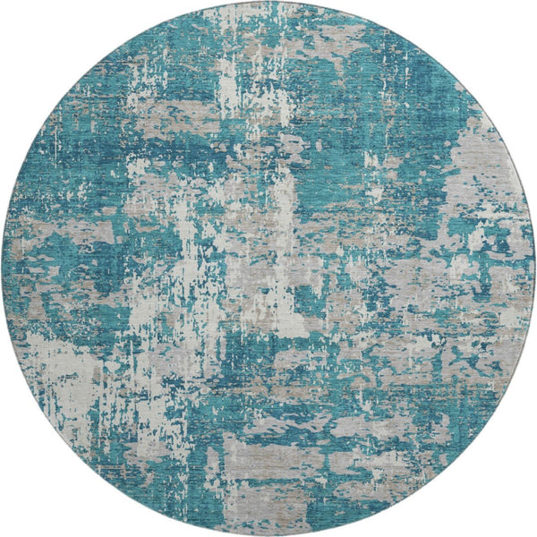 HomeRoots 8' Teal Gray and Ivory Abstract Washable Round Rug - UV Protected, Stain Resistant & Easy Care Design 679159