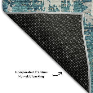 HomeRoots 8' Teal Gray and Ivory Abstract Washable Round Rug - UV Protected, Stain Resistant & Easy Care Design 679159