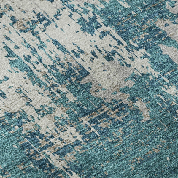 HomeRoots 8' Teal Gray and Ivory Abstract Washable Round Rug - UV Protected, Stain Resistant & Easy Care Design 679159
