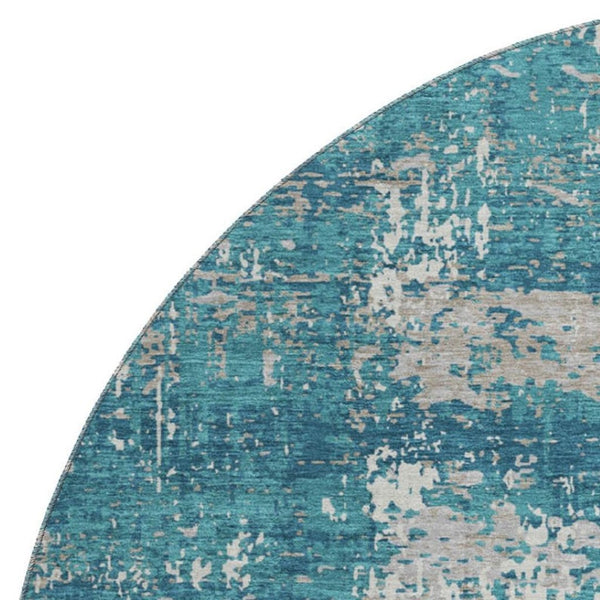 HomeRoots 8' Teal Gray and Ivory Abstract Washable Round Rug - UV Protected, Stain Resistant & Easy Care Design 679159
