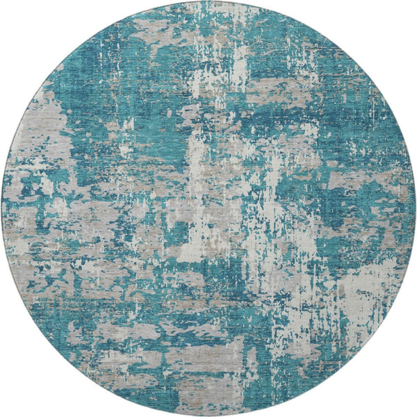 HomeRoots 8' Teal Gray and Ivory Abstract Washable Round Rug - UV Protected, Stain Resistant & Easy Care Design 679159