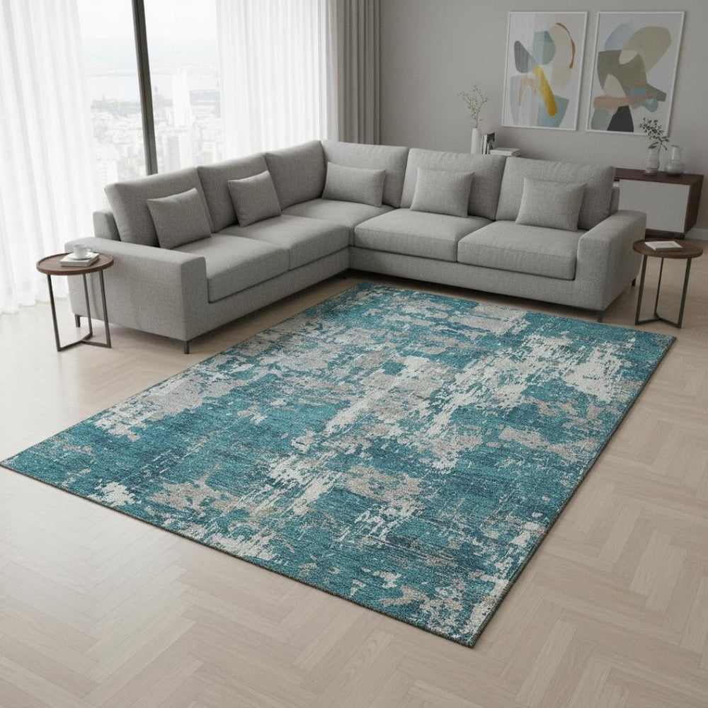 HomeRoots 8' X 10' Teal Gray and Ivory Abstract Washable Area Rug - UV Protected, Durable & Easy-Care Design 679160