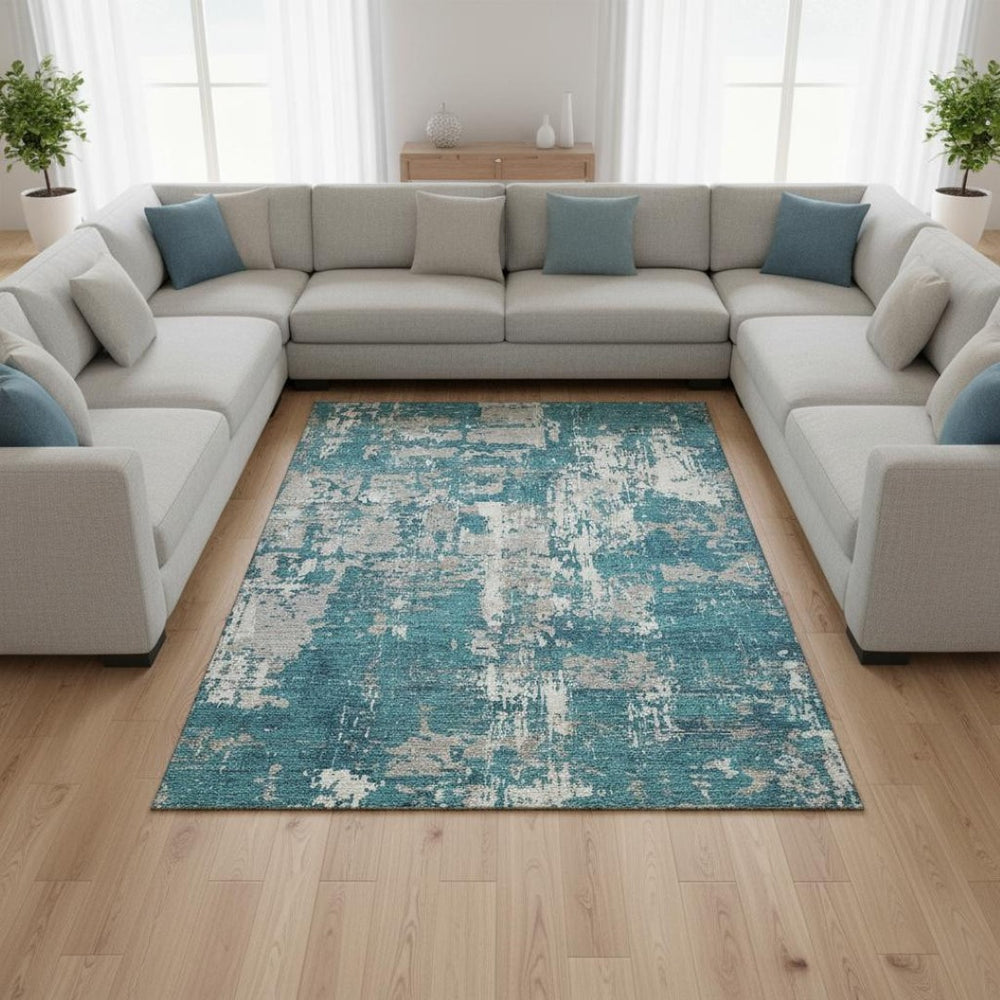 HomeRoots 9' X 12' Teal Gray Ivory Abstract Area Rug - Washable, UV Protected, Stylish & Durable for Every Room 679161