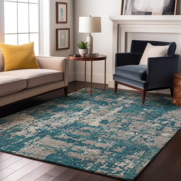 HomeRoots 9' X 12' Teal Gray Ivory Abstract Area Rug - Washable, UV Protected, Stylish & Durable for Every Room 679161