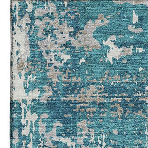 HomeRoots 9' X 12' Teal Gray Ivory Abstract Area Rug - Washable, UV Protected, Stylish & Durable for Every Room 679161