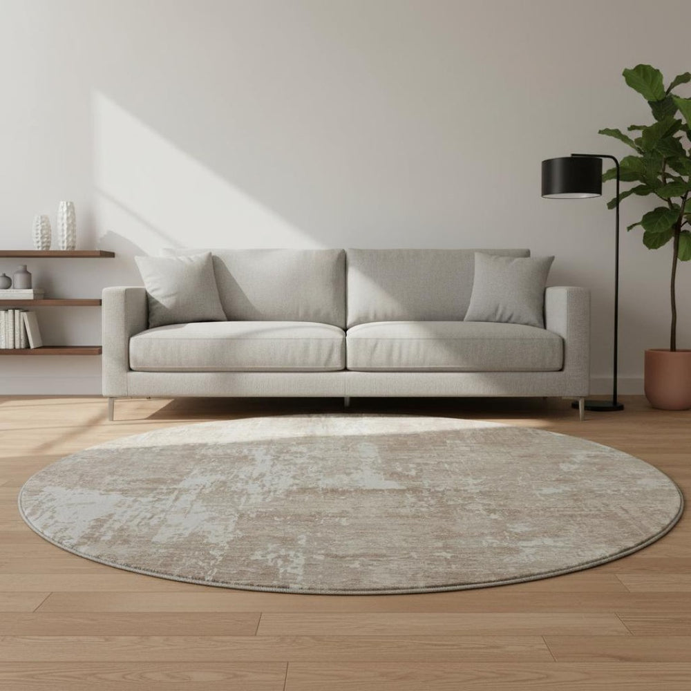 HomeRoots 8' Durable Taupe Beige & Ivory Washable Round Rug with UV Protection for Modern Homes & Easy Care 679165