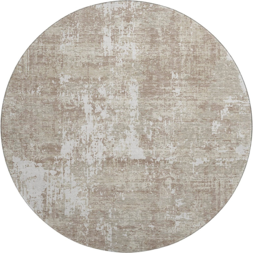 HomeRoots 8' Durable Taupe Beige & Ivory Washable Round Rug with UV Protection for Modern Homes & Easy Care 679165