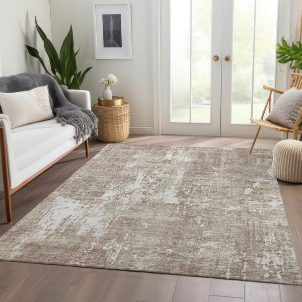 HomeRoots 9' X 12' Stylish Taupe Beige & Ivory Abstract Washable Area Rug with UV Protection for Busy Homes 679167