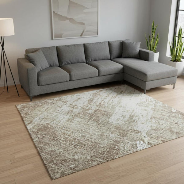 HomeRoots 10' X 14' Taupe Beige Ivory Abstract Washable Area Rug - Durable, UV Protected, Pet-Friendly Design 679168