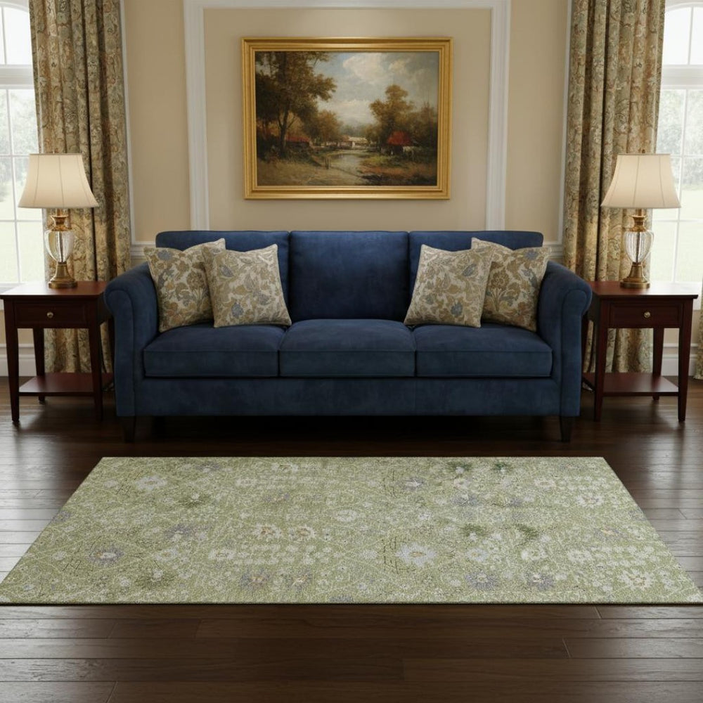 HomeRoots 5' X 8' Artichoke Green Gray Ivory Oriental Area Rug - Washable, UV-Protected, Stylish & Durable Design 679170