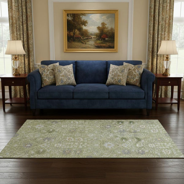 HomeRoots 5' X 8' Artichoke Green Gray Ivory Oriental Area Rug - Washable, UV-Protected, Stylish & Durable Design 679170