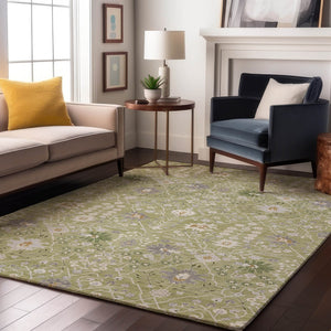 HomeRoots 5' X 8' Artichoke Green Gray Ivory Oriental Area Rug - Washable, UV-Protected, Stylish & Durable Design 679170