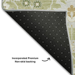 HomeRoots 5' X 8' Artichoke Green Gray Ivory Oriental Area Rug - Washable, UV-Protected, Stylish & Durable Design 679170