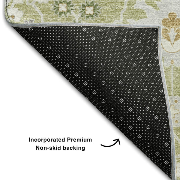 HomeRoots 5' X 8' Artichoke Green Gray Ivory Oriental Area Rug - Washable, UV-Protected, Stylish & Durable Design 679170