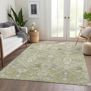 HomeRoots 5' X 8' Artichoke Green Gray Ivory Oriental Area Rug - Washable, UV-Protected, Stylish & Durable Design 679170