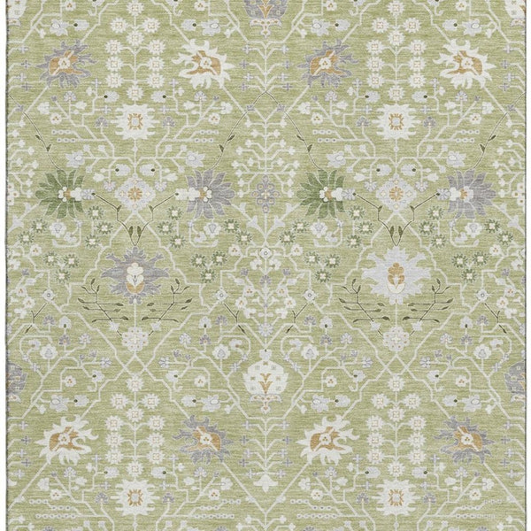 HomeRoots 5' X 8' Artichoke Green Gray Ivory Oriental Area Rug - Washable, UV-Protected, Stylish & Durable Design 679170