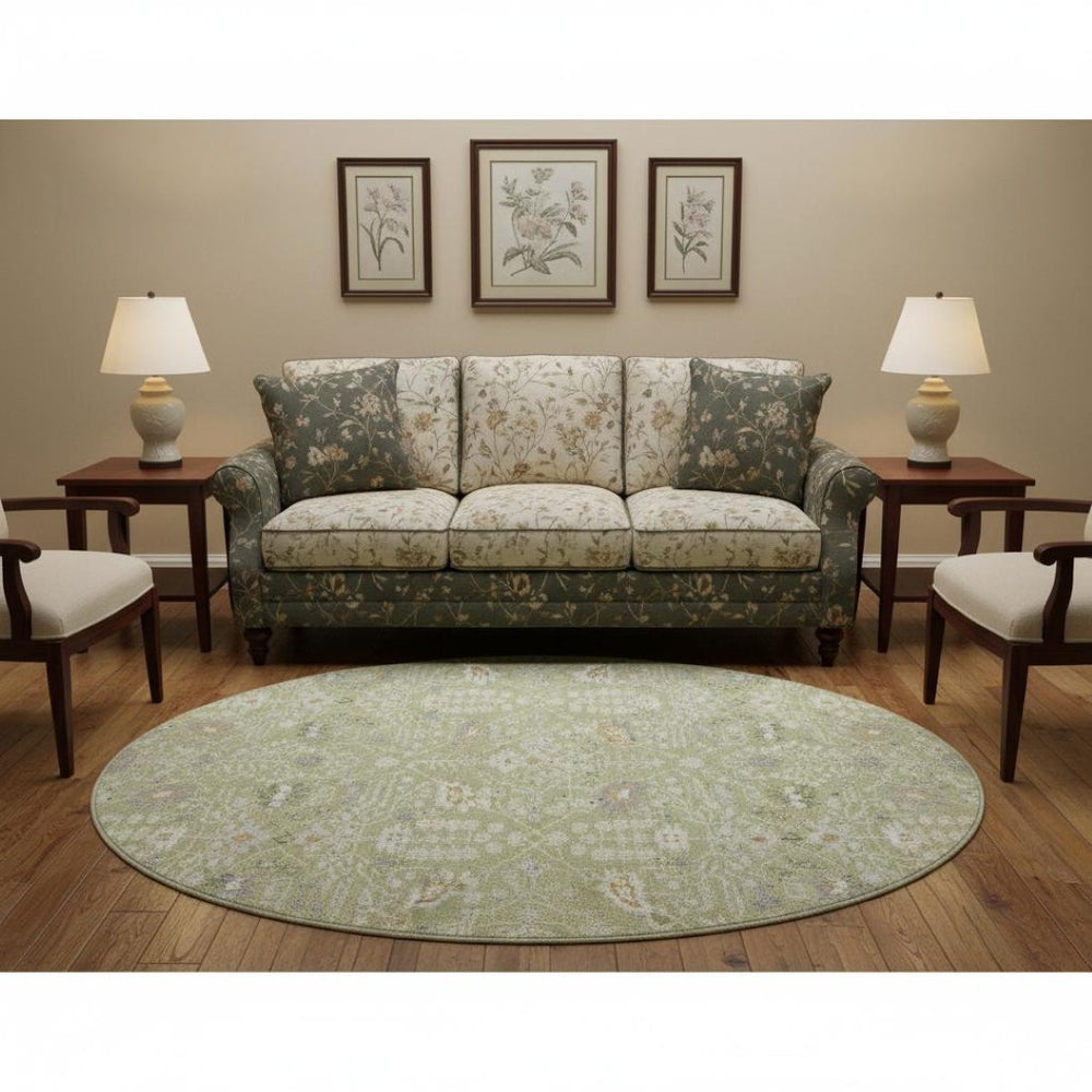 HomeRoots 8' Artichoke Green Gray Ivory Oriental Round Rug - Durable, Washable, UV-Protected for Every Room 679171