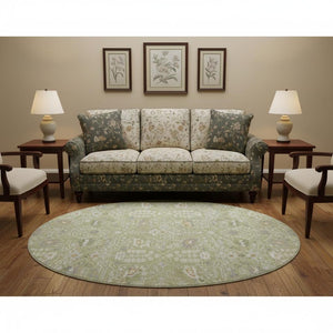 HomeRoots 8' Artichoke Green Gray Ivory Oriental Round Rug - Durable, Washable, UV-Protected for Every Room 679171