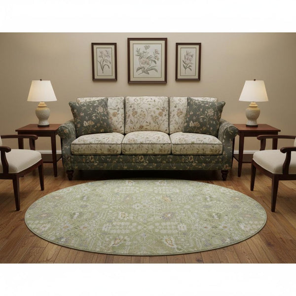 HomeRoots 8' Artichoke Green Gray Ivory Oriental Round Rug - Durable, Washable, UV-Protected for Every Room 679171