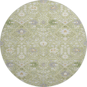 HomeRoots 8' Artichoke Green Gray Ivory Oriental Round Rug - Durable, Washable, UV-Protected for Every Room 679171