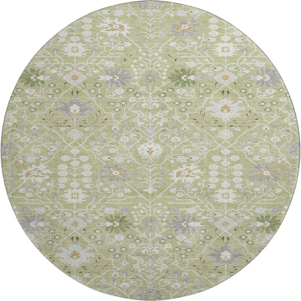 HomeRoots 8' Artichoke Green Gray Ivory Oriental Round Rug - Durable, Washable, UV-Protected for Every Room 679171