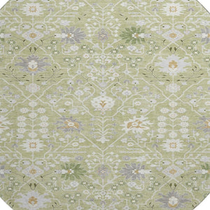 HomeRoots 8' Artichoke Green Gray Ivory Oriental Round Rug - Durable, Washable, UV-Protected for Every Room 679171