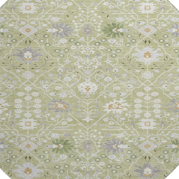 HomeRoots 8' Artichoke Green Gray Ivory Oriental Round Rug - Durable, Washable, UV-Protected for Every Room 679171