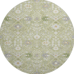 HomeRoots 8' Artichoke Green Gray Ivory Oriental Round Rug - Durable, Washable, UV-Protected for Every Room 679171