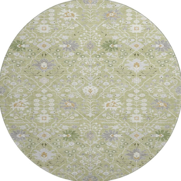 HomeRoots 8' Artichoke Green Gray Ivory Oriental Round Rug - Durable, Washable, UV-Protected for Every Room 679171