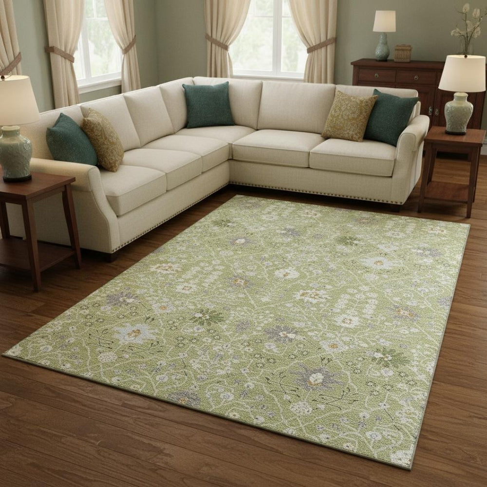 HomeRoots 8' X 10' Elegant Artichoke Green Gray Ivory Oriental Area Rug - Washable, UV Protected & Durable 679172