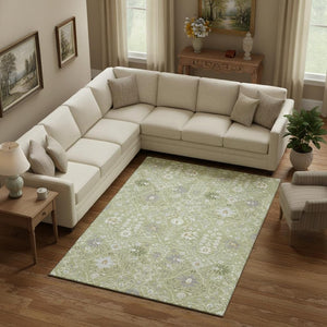 HomeRoots 9' X 12' Artichoke Green Gray Ivory Oriental Area Rug - Stain-Resistant, UV Protected, Durable Design 679173