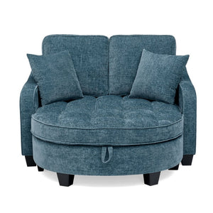 English Elm Two-seater Corduroy Loveseat with Sculptural Asymmetric Design and Hidden Ottoman Storage Blue W487S00464