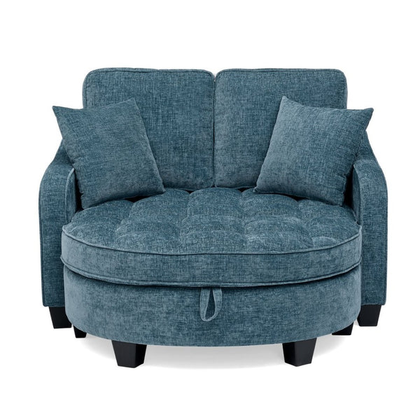 English Elm Two-seater Corduroy Loveseat with Sculptural Asymmetric Design and Hidden Ottoman Storage Blue W487S00464