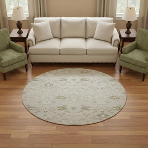 HomeRoots 8' Beige, Ivory & Taupe Oriental Round Rug – Washable, UV-Protected, Stain-Resistant for Indoor/Outdoor Use 679177