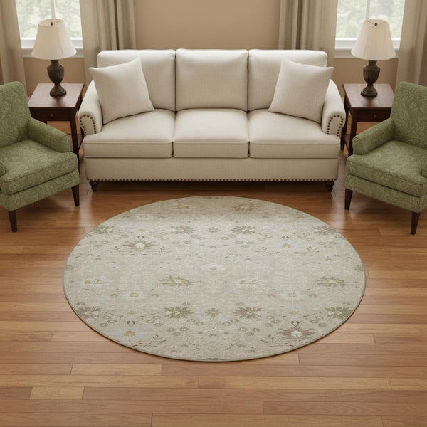 HomeRoots 8' Beige, Ivory & Taupe Oriental Round Rug – Washable, UV-Protected, Stain-Resistant for Indoor/Outdoor Use 679177