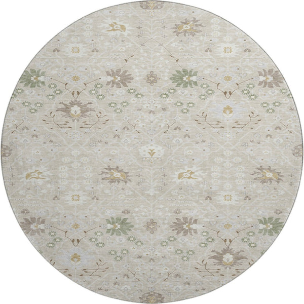 HomeRoots 8' Beige, Ivory & Taupe Oriental Round Rug – Washable, UV-Protected, Stain-Resistant for Indoor/Outdoor Use 679177
