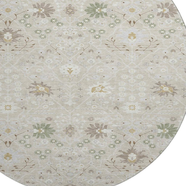 HomeRoots 8' Beige, Ivory & Taupe Oriental Round Rug – Washable, UV-Protected, Stain-Resistant for Indoor/Outdoor Use 679177