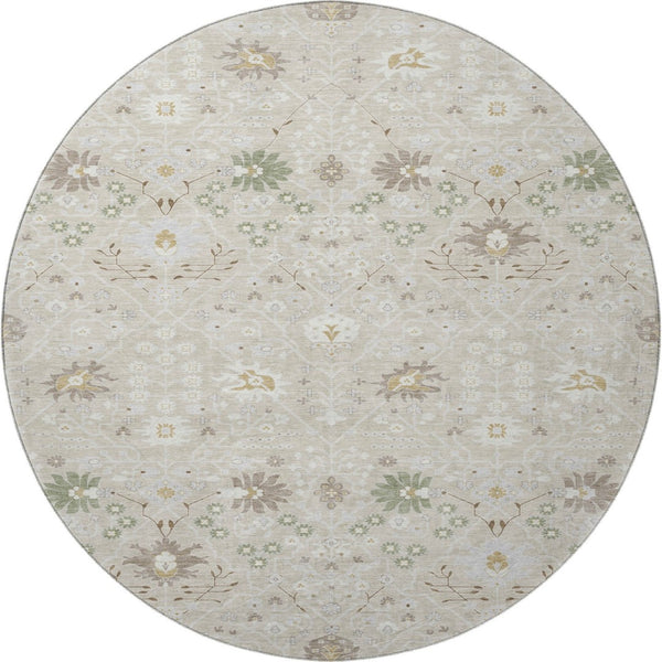 HomeRoots 8' Beige, Ivory & Taupe Oriental Round Rug – Washable, UV-Protected, Stain-Resistant for Indoor/Outdoor Use 679177