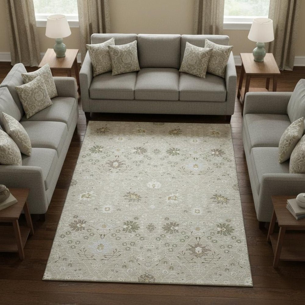 HomeRoots 10' Washable Beige Ivory Taupe Oriental Area Rug with UV Protection - Stain Resistant & Durable Elegance 679180