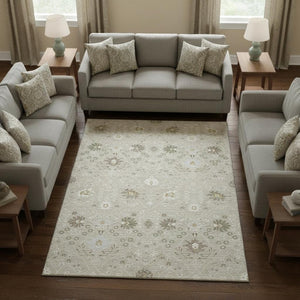 HomeRoots 10' Washable Beige Ivory Taupe Oriental Area Rug with UV Protection - Stain Resistant & Durable Elegance 679180