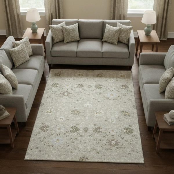 HomeRoots 10' Washable Beige Ivory Taupe Oriental Area Rug with UV Protection - Stain Resistant & Durable Elegance 679180