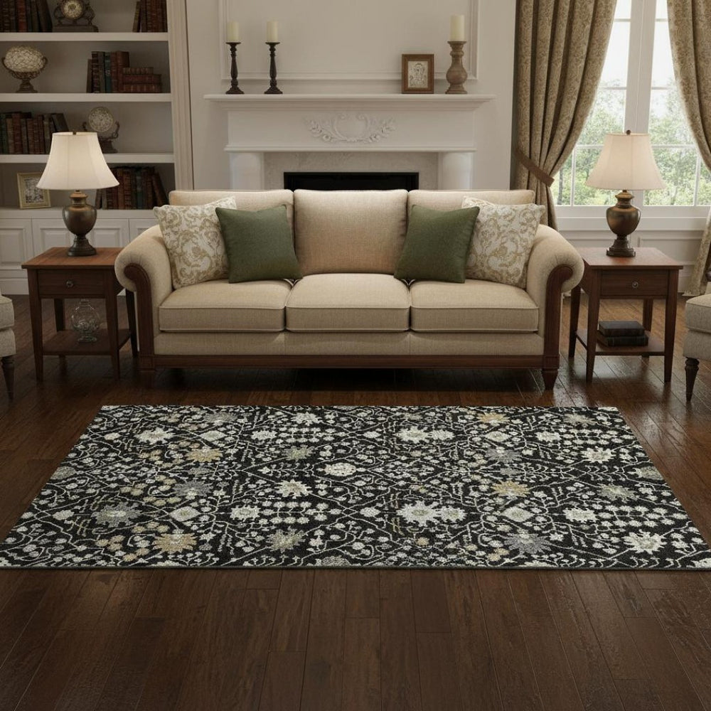 HomeRoots 5' X 8' Washable Black, Gold & Ivory Oriental Area Rug with UV Protection for High-Traffic Spaces 679182
