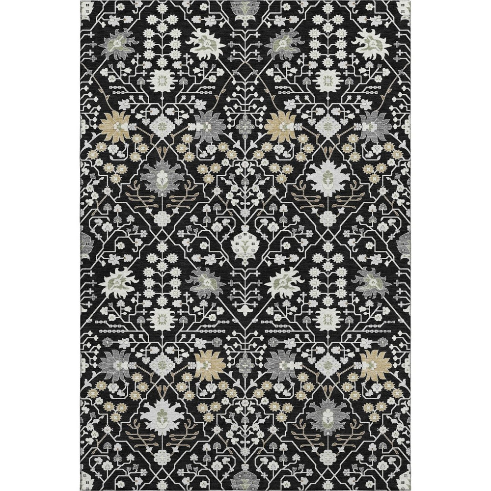 HomeRoots 5' X 8' Washable Black, Gold & Ivory Oriental Area Rug with UV Protection for High-Traffic Spaces 679182