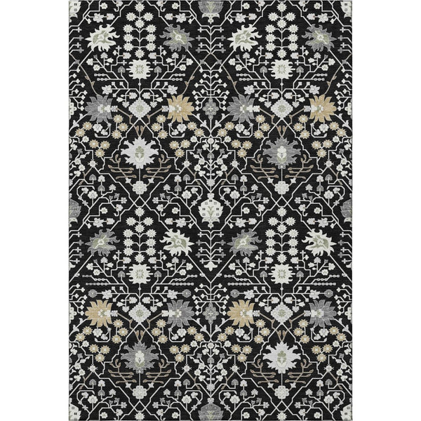 HomeRoots 5' X 8' Washable Black, Gold & Ivory Oriental Area Rug with UV Protection for High-Traffic Spaces 679182