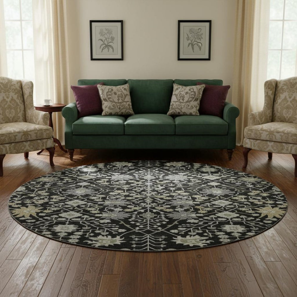 HomeRoots 8' Elegant Black Gold and Ivory Oriental Round Rug with Stain Resistance and UV Protection for Homes 679183