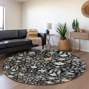 HomeRoots 8' Elegant Black Gold and Ivory Oriental Round Rug with Stain Resistance and UV Protection for Homes 679183