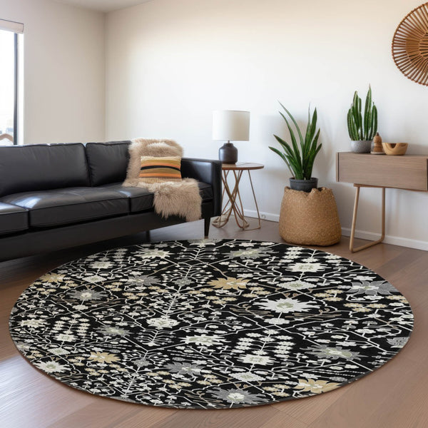 HomeRoots 8' Elegant Black Gold and Ivory Oriental Round Rug with Stain Resistance and UV Protection for Homes 679183