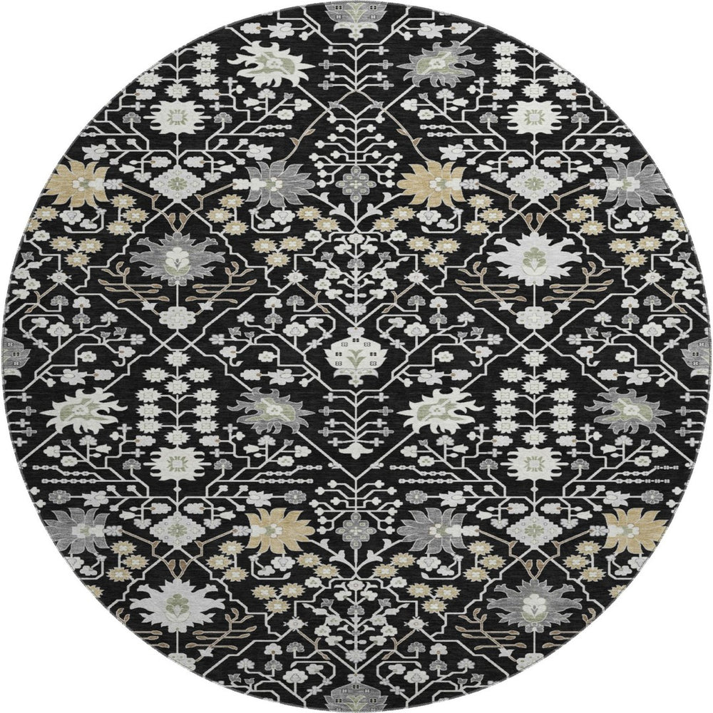 HomeRoots 8' Elegant Black Gold and Ivory Oriental Round Rug with Stain Resistance and UV Protection for Homes 679183